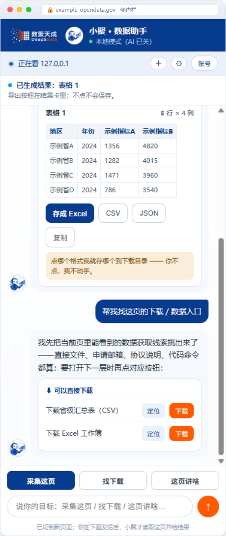 小聚网页数据助手侧边栏截图:找下载功能列出当前页可直接下载的数据文件入口